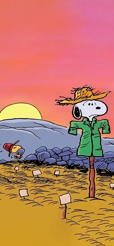 Snoopy dressed as a scarecrow at sunset in the field for iPhone Wallpaper