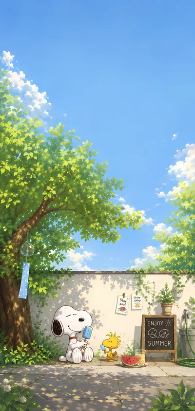 Snoopy and Woodstock eating popsicles under summer tree shade for iPhone Wallpaper