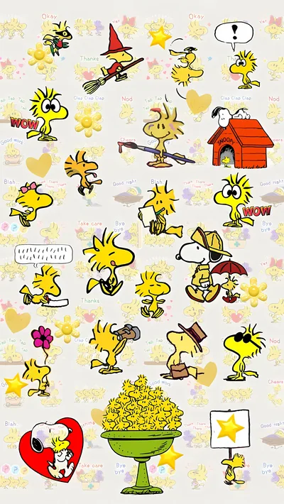 Cute Woodstock pattern and Snoopy in various poses for iPhone Wallpaper