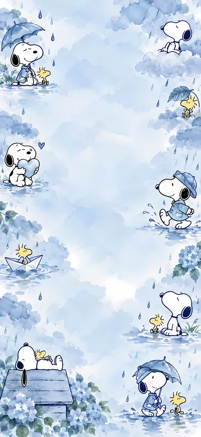 Snoopy and Woodstock enjoying a rainy day with umbrellas for iPhone Wallpaper