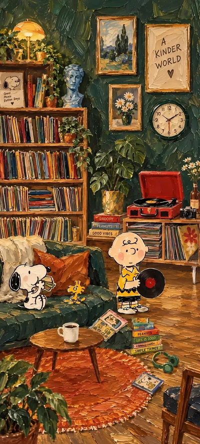 Snoopy, Charlie Brown and Woodstock in cozy room for iPhone 4K Image