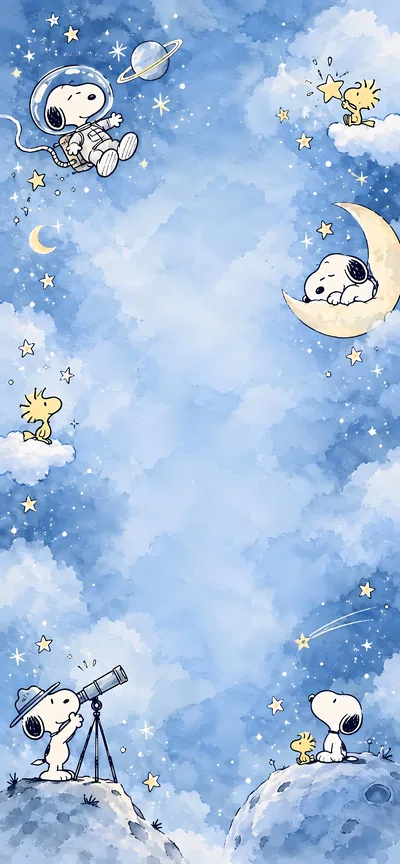 Snoopy and Woodstock astronaut exploring starry blue sky for iPhone 4K Image