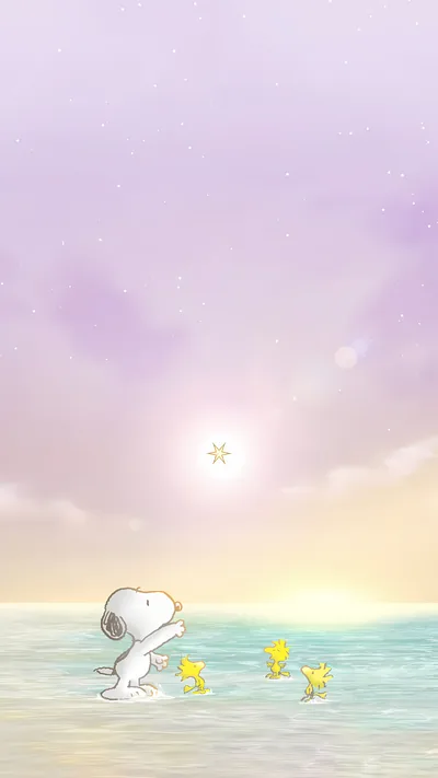 Snoopy and Woodstock gazing at a shining star above the ocean for iPhone Wallpaper