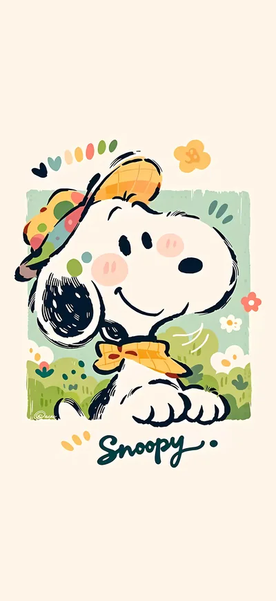 Cute Snoopy wearing a yellow hat in a flower meadow for iPhone Wallpaper