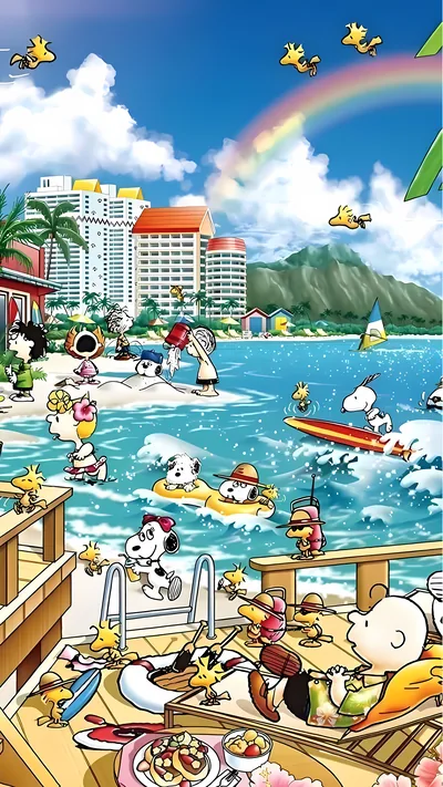 Snoopy surfing and Charlie Brown relaxing at sunny beach for iPhone Wallpaper