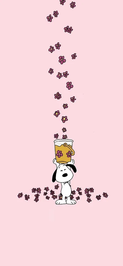 Cute Snoopy holding a flower bucket with falling blossoms for iPhone Wallpaper