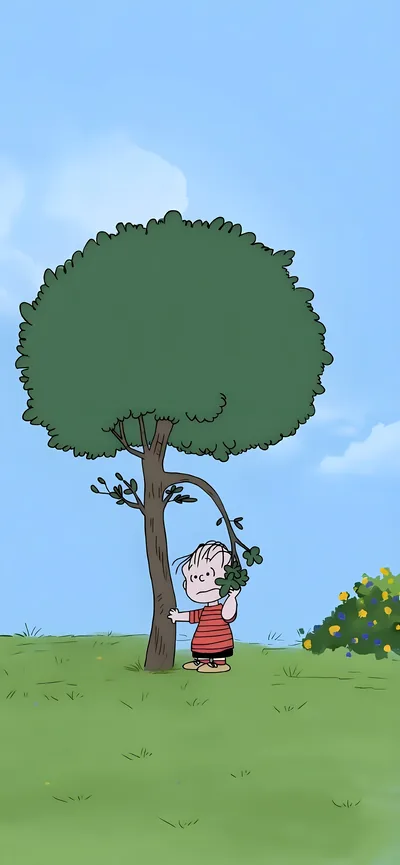 Snoopy character standing by a green tree on the grass for iPhone Wallpaper