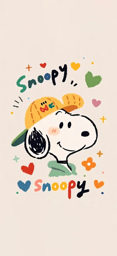 Cute Snoopy wearing a yellow cap doodle art aesthetic for iPhone Background