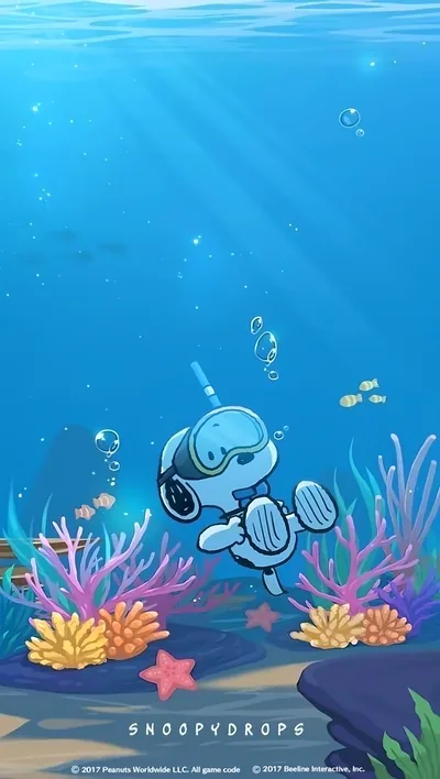 Snoopy snorkeling underwater with colorful corals for iPhone Wallpaper