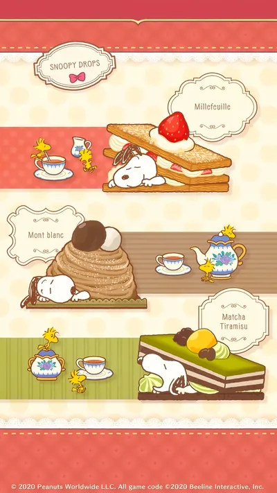 Cute Snoopy and Woodstock relaxing with sweet desserts and tea for iPhone Wallpaper