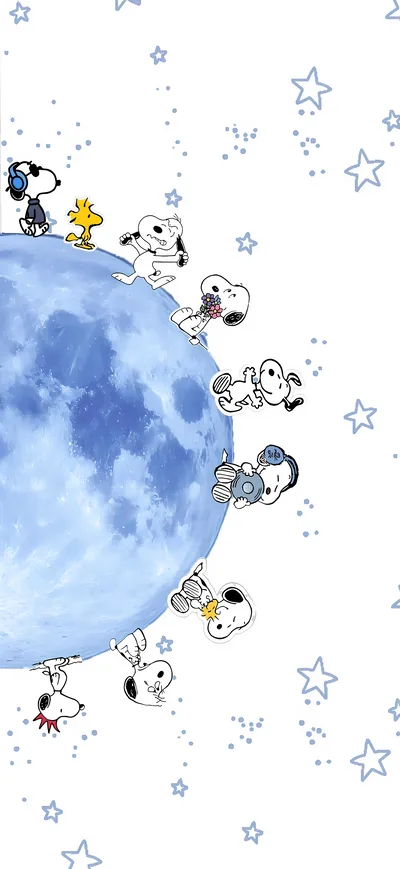 Cute Snoopy and Woodstock walking on a blue moon in space for iPhone Wallpaper