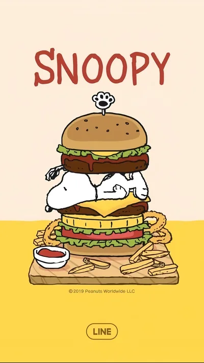 Cute Snoopy sleeping inside a giant burger with fries for iPhone Background