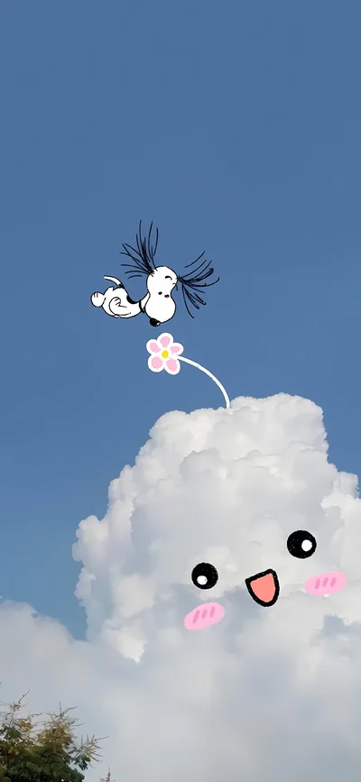 Snoopy floating above a cute smiling cloud with a flower for iPhone Background