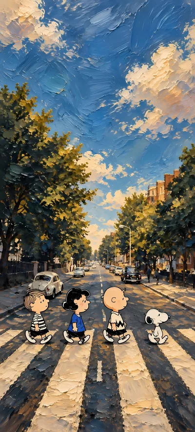 Snoopy, Charlie Brown, and Lucy crossing Abbey Road street for iPhone Wallpaper