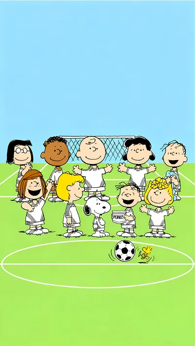 Snoopy and Charlie Brown soccer team on football pitch for iPhone 4K Image
