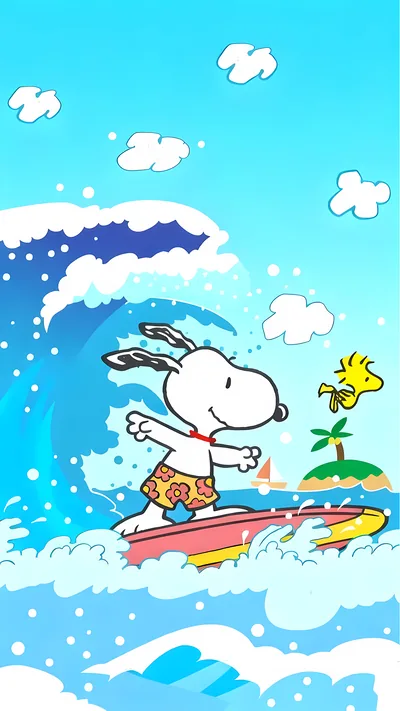 Snoopy and Woodstock surfing on ocean waves Wallpaper for iPhone
