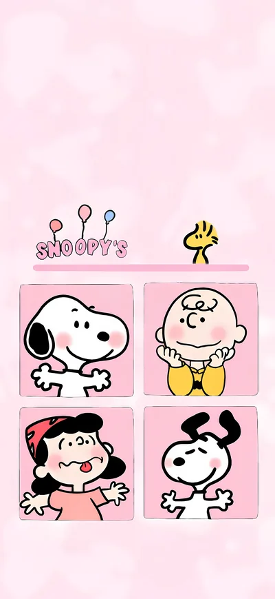Cute pink Snoopy, Charlie Brown, and friends photo frame for iPhone Wallpaper