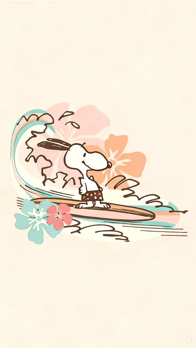 Snoopy surfing on ocean waves with tropical flowers for iPhone Background
