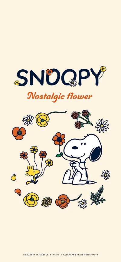 Snoopy and Woodstock holding nostalgic retro flowers for iPhone Wallpaper